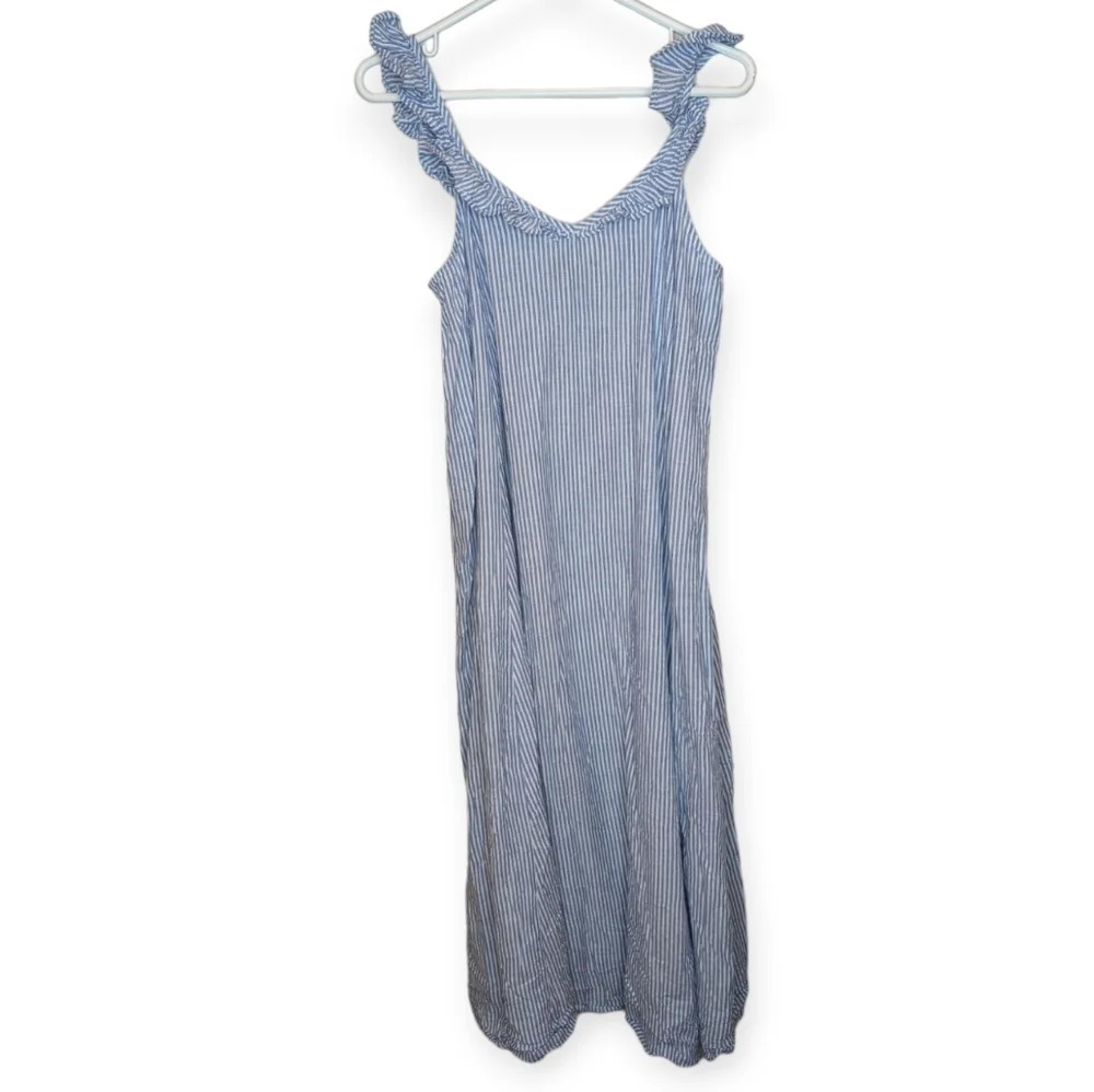 ONLY Blue Denim Maxi Blue & White Stripped V Neck Sleeveless Ruffle Dress Small